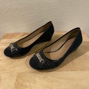 Antonio Melani black wedges with silver logo plate on toe